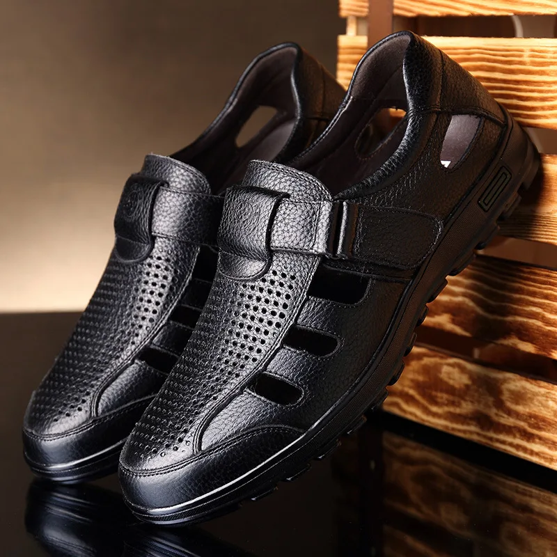 

Summer Leather Shoes Genuine Leather Soft Bottom Sandals Anti-slip Wearable Shoes Dad Middle-aged Men's Breathable Hollow out Le