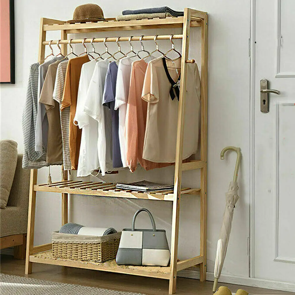 Bamboo Garment Coat Clothes Hanging Heavy Duty Rack with top shelf and 2-tier Shoe Clothing Storage Organizer Shelves — view 2