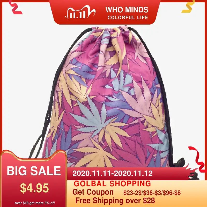 

Fashion Drawstring Bag Sport Weed Pink 3D Printed Mochila Cuerda Out Door Drawstring Backpack Women Men Modis String Bag Girl