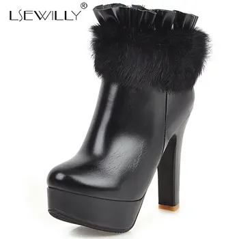

Lsewilly Fashion Winter High Heel Boots Ruffles Fur Designer Womens Party Bride Wedding Shoes Red White Platform Ankle Boots