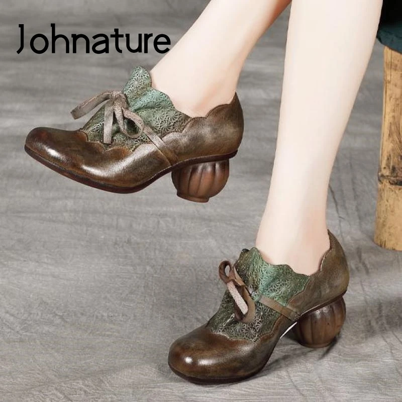 Ladies Shoes Johnature Pumps Women Round-Toe High-Heels Genuine-Leather Shallow Casual