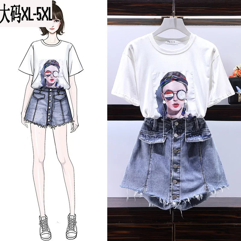 

2019 Large Size Dress Fat Mm Summer Wear New Style Fashion Avatar T-shirt Tops Set Denim Skirted Leggings Two-Piece Women's