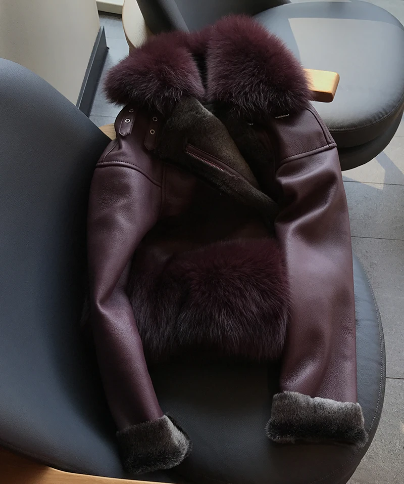 EIFURKOP, зимняя шуба из овечьей шерсти, цельное пальто, роскошный воротник из натурального Лисьего меха, короткая куртка из натуральной кожи для женщин - Цвет: as  photo