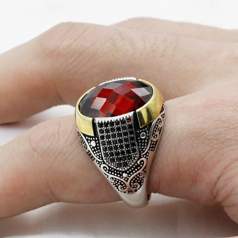 Anillo de piedra Natural para hombre y mujer, de Plata Ley 925, anillo turco con óvalo rojo de circonia cúbica, anillos tallados Vintage, regalo de joyería|Anillos| - AliExpress