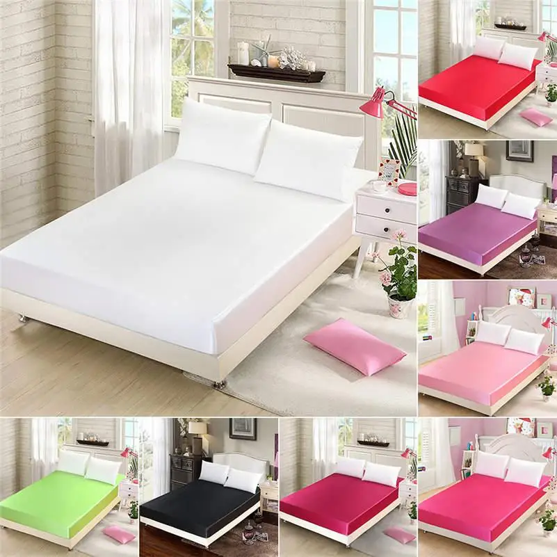 35 Home Textile Satin Silk Fitted Sheet Solid Color 19mm Seamless Solid Color Queen Size Bed Sheet 16 Color Avaliable