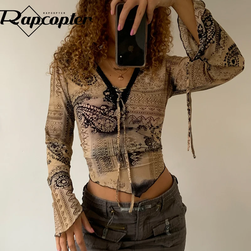 Rapcopter Cute Crop Top Grunge Floral T Shirt Tie Up Graphic Retro Pullovers Women Autumn Harajuku Casual Tee 90s Tshirt Boho | Женская