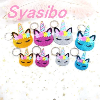 

2.0 /3.0inches Acrylic Unicorn Keychain Horn Eye Floral Unicorn Keychain With Ring Mixed Glitter Laser Cutout-KC022