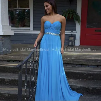 

Sweetheart Blue Evening Dress Pleats Chiffon Beaded Belt Long Abiti Da Cerimonia Da Sera Floor Length Party Dresses New Arrival