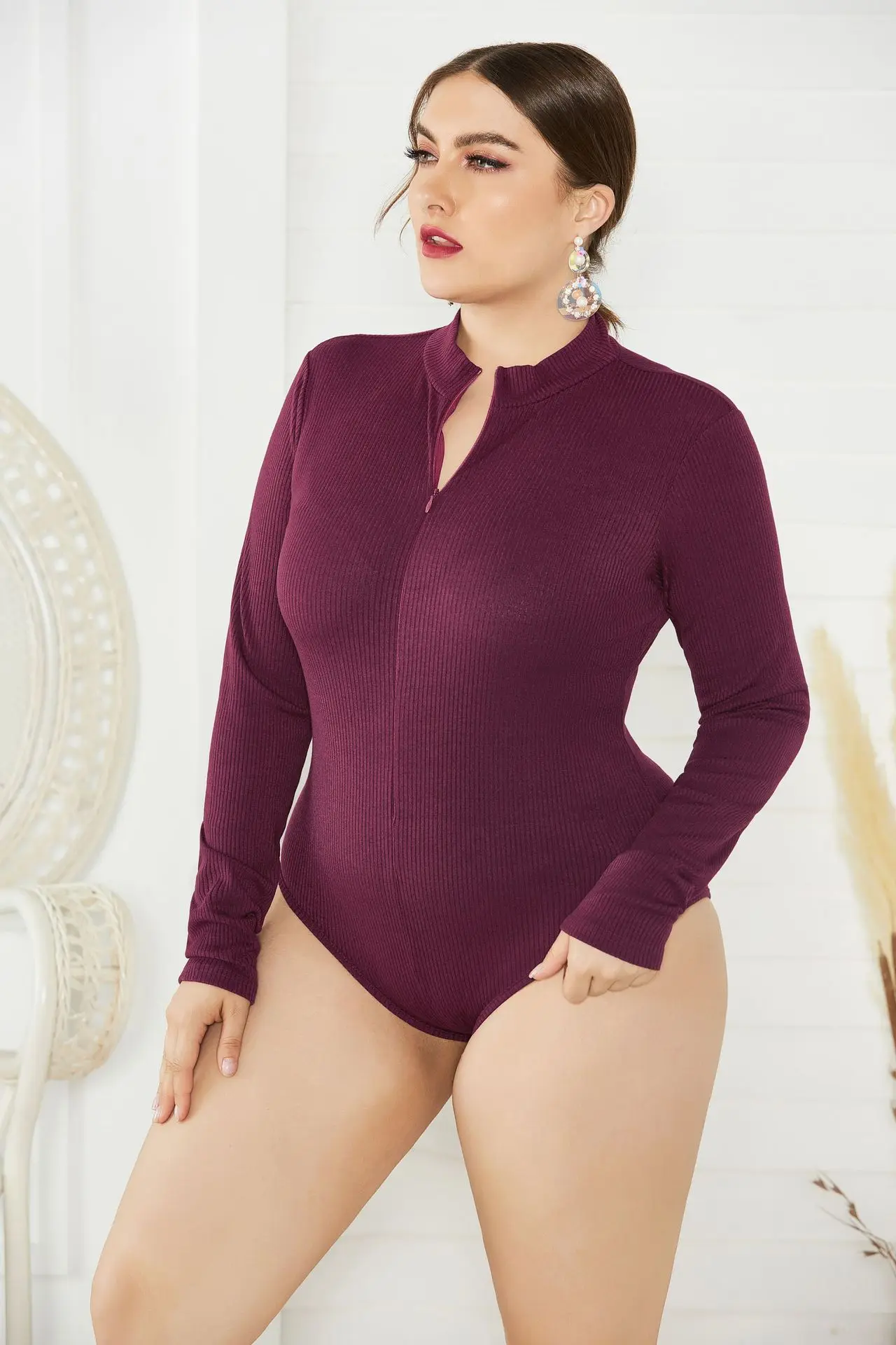 sequin bodysuit Plus Size Women 5XL Stand Collar Long Sleeve Zipper Knitted Sweater Bodysuits 2019 Autumn Winter New Solid Casual Office Rompers lace bodysuit