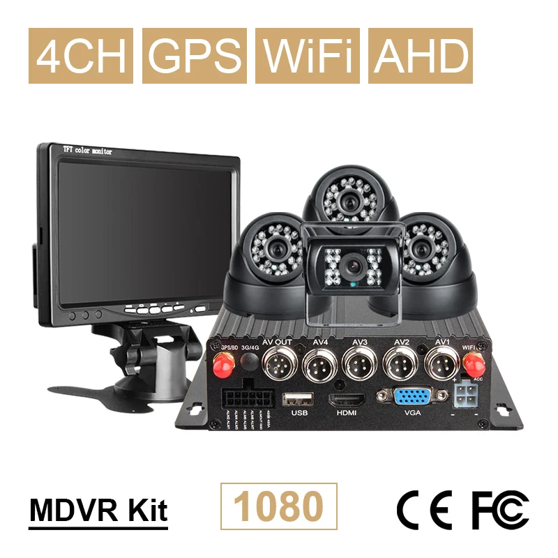 7 "автомобильный экран + 4 шт. 2.0MP HD камера SD Wifi GPS 4CH H.264 vehcale Мобильный Dvr наборы