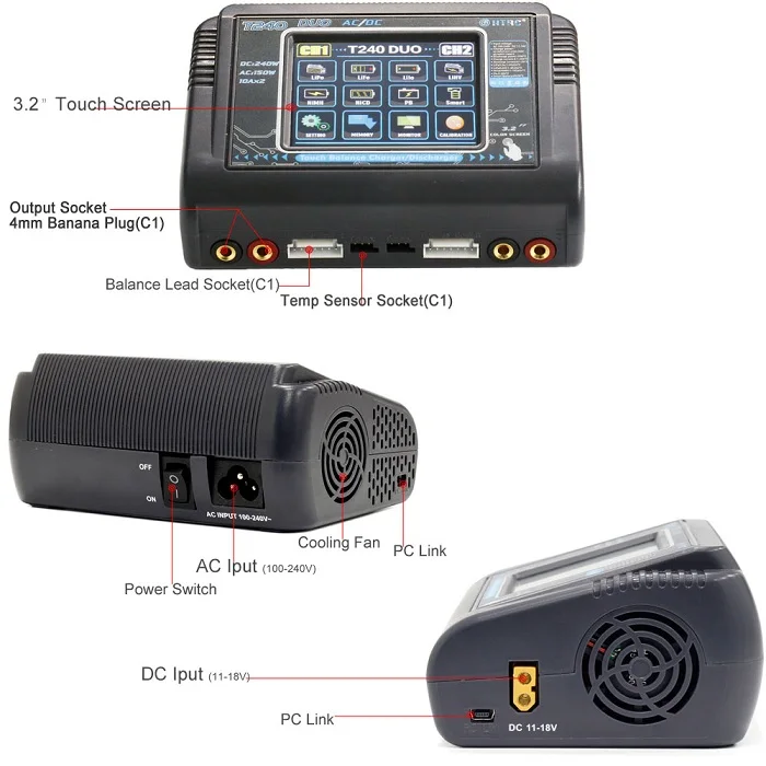 HTRC T240 DUO AC 150 Вт DC 240 Вт 10A смарт-экран двухканальный аккумулятор баланс зарядное устройство Dis зарядное устройство для Мультикоптер RC Drone