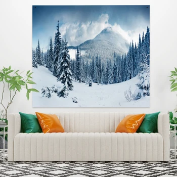 

Laeacco Fashion Tapestry Continuous Snow Mountain Cedar White Snowfield Landscape Wall Hangings Home Living Room Decor Polyester
