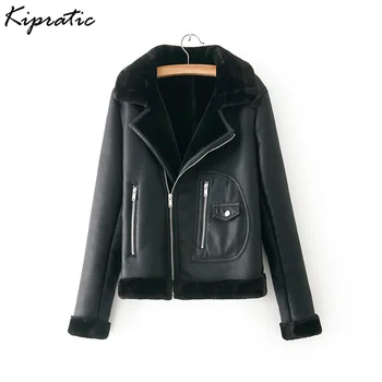 

Autumn Winter PU Leather Women Coat Turn-Down Collar Zipper Warm thickened Jacket Casual Imitation Fur Leather Jacket Outwear