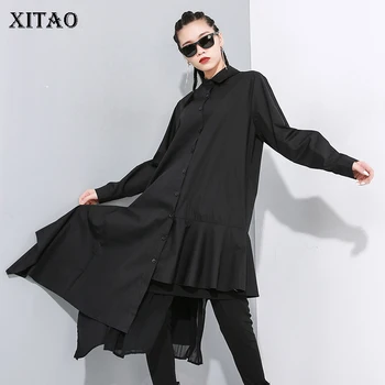 

XITAO Asymmetrical Casual Ruffles Dress Women 2020 Spring Tide Fashion New Style Asymmetrical Collar Long Sleeve Dress GCC3109