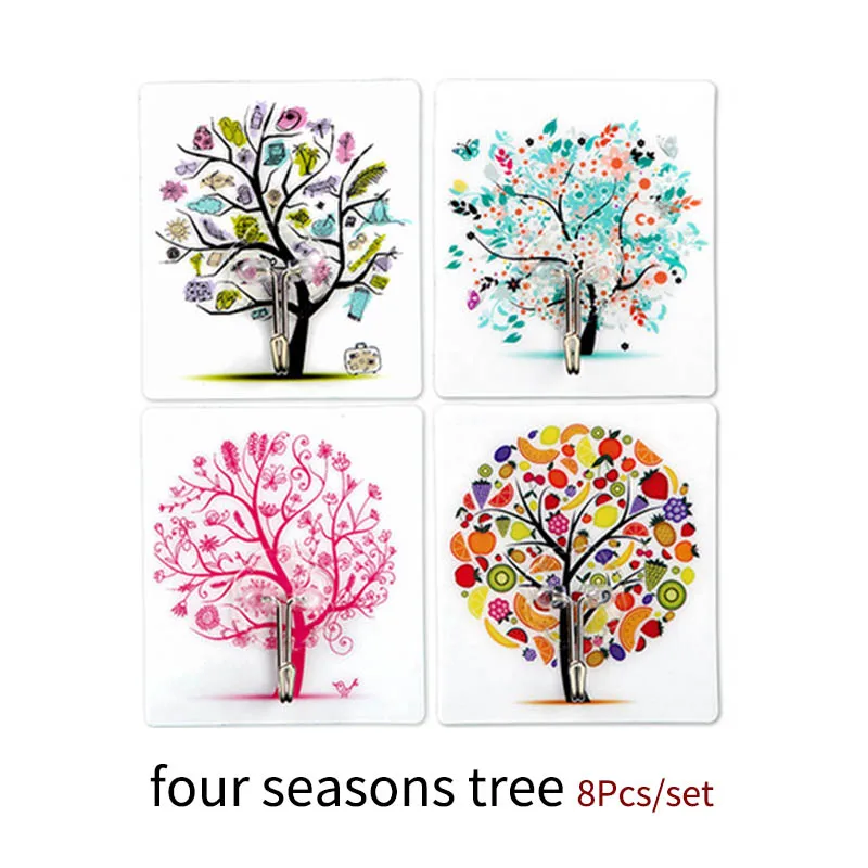 four seasons tree Полотенца Сумочка держатель двери крючки для стены Ванная комната Многофункциональный милый мультфильм шаблон Сильный всасывания Крючки 8 шт./компл. крючки для кухни - Цвет: four seasons tree