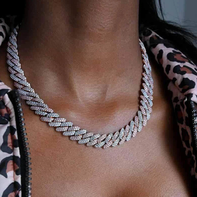 15MM iced Out Wide Miami Cuban Link Chain Two Tone Purple White Cubic Zirconia Choker Necklace Hip hop Necklace Women Jewelry