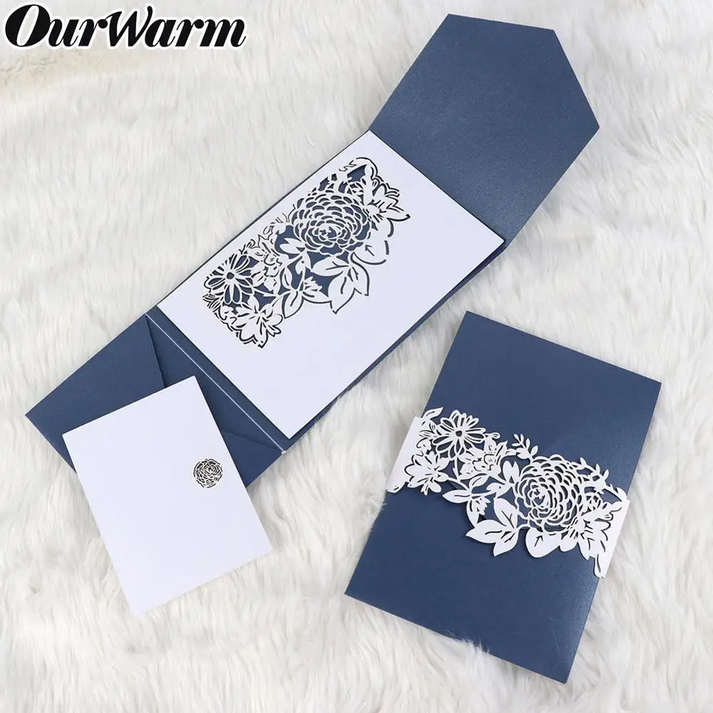  OurWarm 10Pcs Laser Cut Flower Wedding Invitations with Envelopes Pocket Invites Navy Blue Tri-Fold - 4000409661828