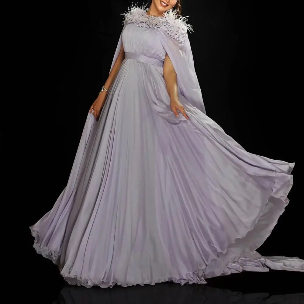 

Modest Lavender Chiffon A-line Long Evening Gowns With Cloak 3D Flower Feather Formal Party Dresses Abiye Prom Gowns