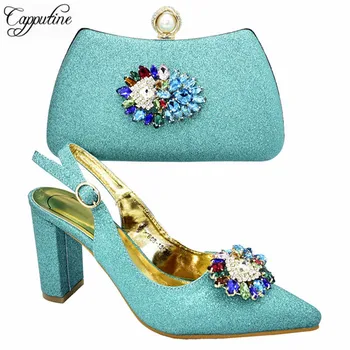 

2019 Afrcan Style Rhinestone High Heels Shoes And Bag Set Teal Color New Coming Sandals Woman Shoe And Bag Set For Party