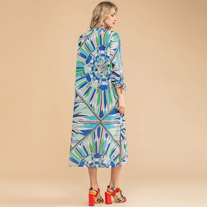 LD LINDA DELLA Autumn Fashion Loose Plus Size Dress Designer Women V-Neck Single-breasted Print Holiday Vintage Midi Dress