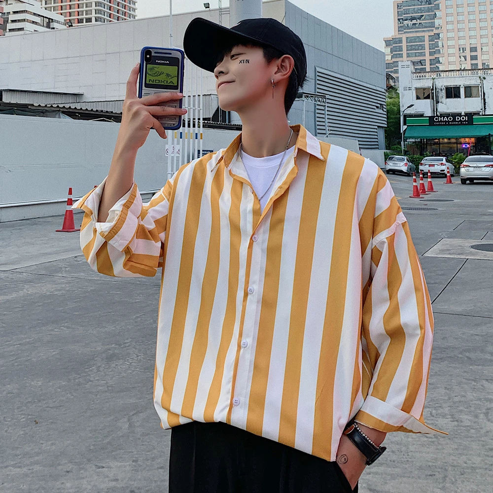 ストライプのメンズシャツ 韓国風 カジュアル 長袖 ストリートウェア イエロー ネイビーブルーの服 春夏 コレクション22 カジュアル シャツ Aliexpress