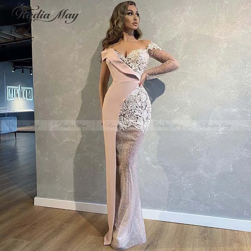 

Elegant Off the Shoulder Pink Mermaid Dubai Evening Dress One Long Sleeve Appliques Arabic Women Formal Party Gowns Prom Dresses
