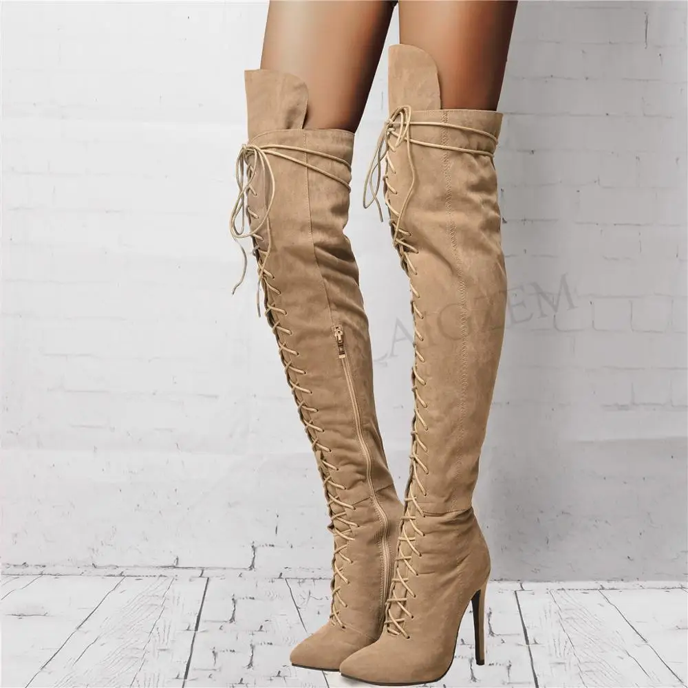 

LAIGZEM Lace Up Women Over Knee High Boots Faux Suede Side Zip Stiletto Riding Party Boots Shoes Botines Mujer Big Size 34 47