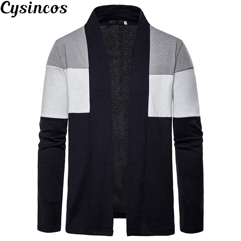 

CYSINCOS 2019 Men's Knitted Sweater Casual Patchwork Jacket Three-color Stitching Deep V Cardigan Men's Knitted Sweater