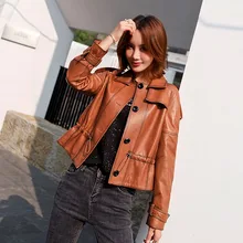 

YYCZF Women Genuine Sheep Leather Coat Lady Female Real Sheep Skin Motorcycle Collect Waist Loose Jacket SP & AU Coats Clothes