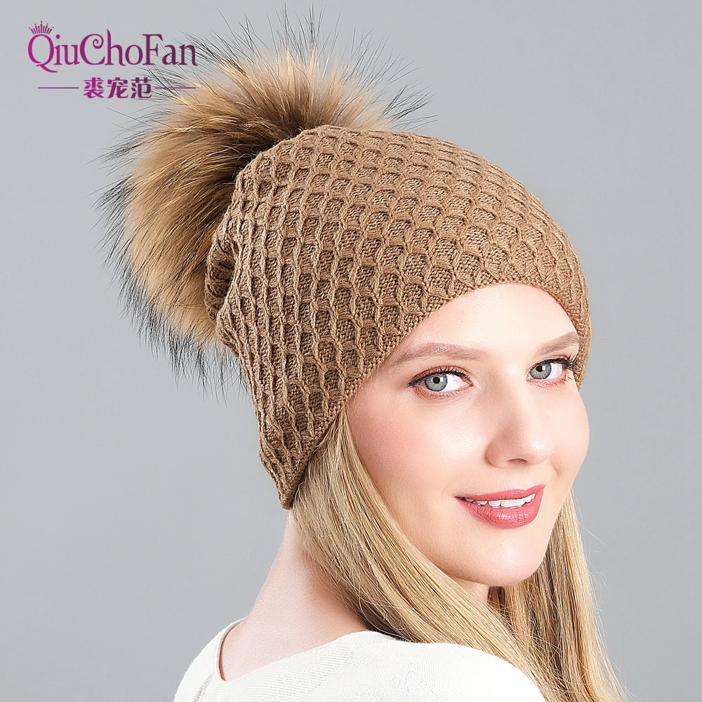 

Winter Hat for Women Knitted Beanie Hat Real Roccoon Fur Pom pom Hat Ladies Double Warm Lining Winter Cap Female