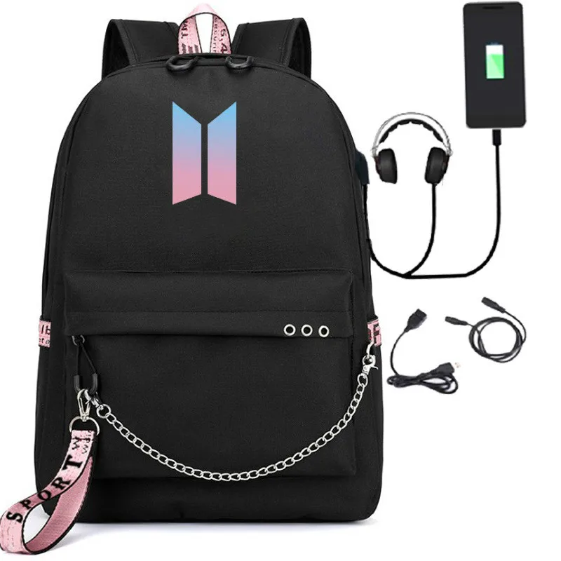 2020 Bangtan niños Rap monstruo JUNG KOOK mochilas JIMIN bolsas de la escuela Mochila bolsas de viaje portátil Mochila con cadena de puerto USB