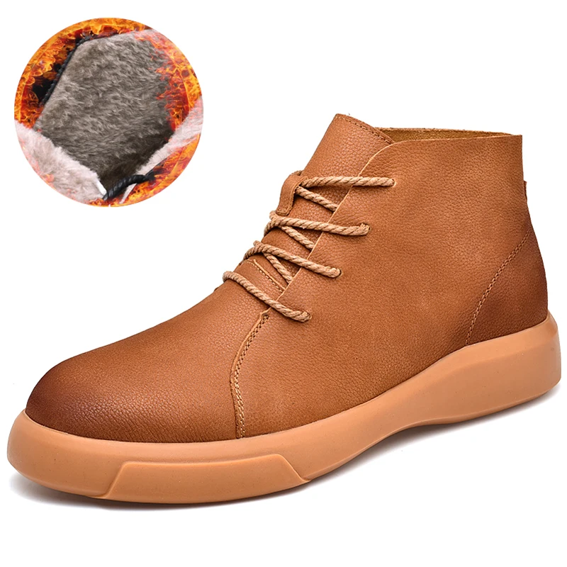 brown with fur MARSON/повседневные ботинки на плоской подошве для пары; короткие ботинки; короткие ботильоны; удобные водонепроницаемые ботинки для походов на открытом воздухе; кожаная обувь размера плюс - Цвет: brown with fur