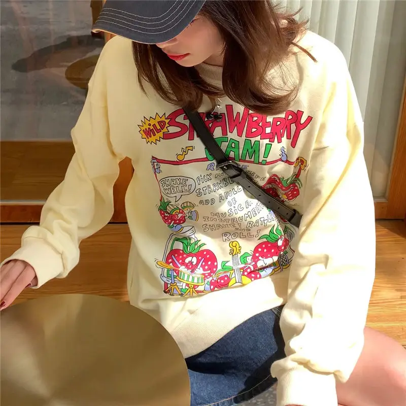 2021 New Harajuku Retro Top Strawberry Print Hoodie Women Loose Streetwear Sweatshirt American Retro Oversized Pullover