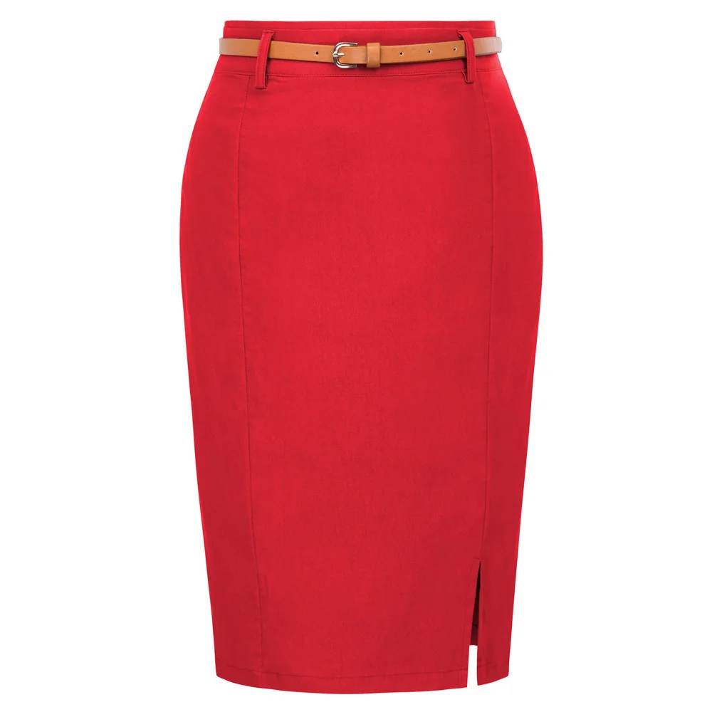 KK work wear pencil skirts Womens Solid Color split Belt sashes Decorated Hip wrap Bodycon Skirt sexy elegant office skirts - Цвет: Red