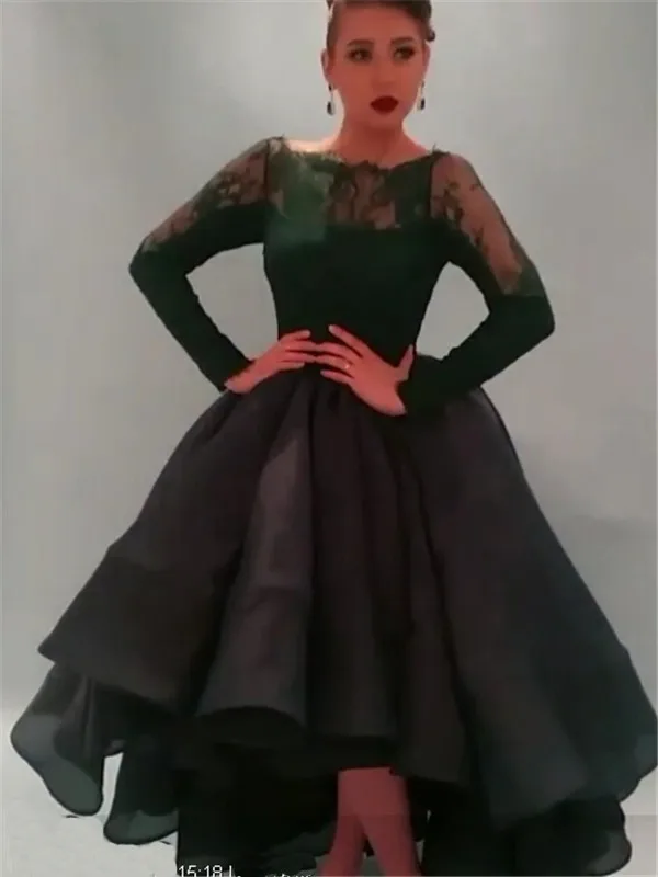 

Glamorous Asymmetrical Scoop Appliqued Sheer Long Sleeve Tiered Skirt Tea Length Prom/Evening Dresses 2015 Arab Vestido