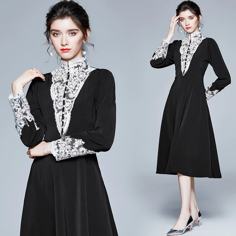 

ZUOMAN Women Autumn Winter Vintage Dress Festa High Quality Long Elegant Party Robe Femme Lace Designer A-line Black Vestidos