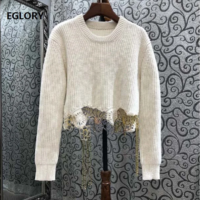 

2021 Spring Fashion Sweater Pullovers Ladies High Quality Knitting Chain Beading Deco Long Sleeve Casual Crop Tops Lady Outfits