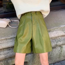 

Baggy Shorts Women High Waist Autumn Winter Clothes 2021 New Arrival Faux Leather Pu Short Green Black Khaki Korean Style Szorty