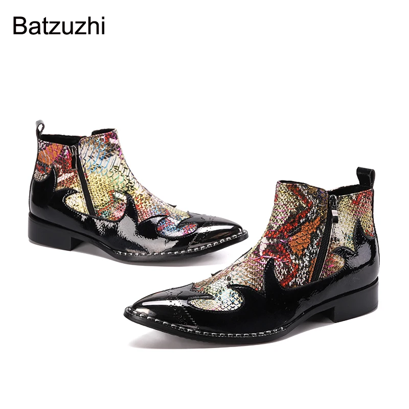 Batzuzhi 100% Brand New Men's Boots Pointed Toe Black Print Genuine Leather Ankle Boots Men Zip Runway, Party Botas Hombre,38-46