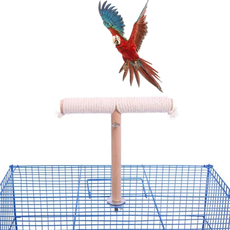 Natural Wood Bird Perch Stand T-shaped Bar Cotton Rope Cage Grinding Toy bird cage perches
