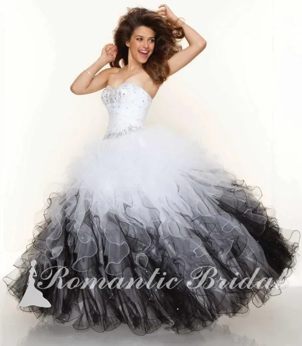 Ball Gown Strapless Sweetheart Neckline Amazing Sequins Bedazzled Upper Bodice White and Black Extravagant Prom Dresses (4)
