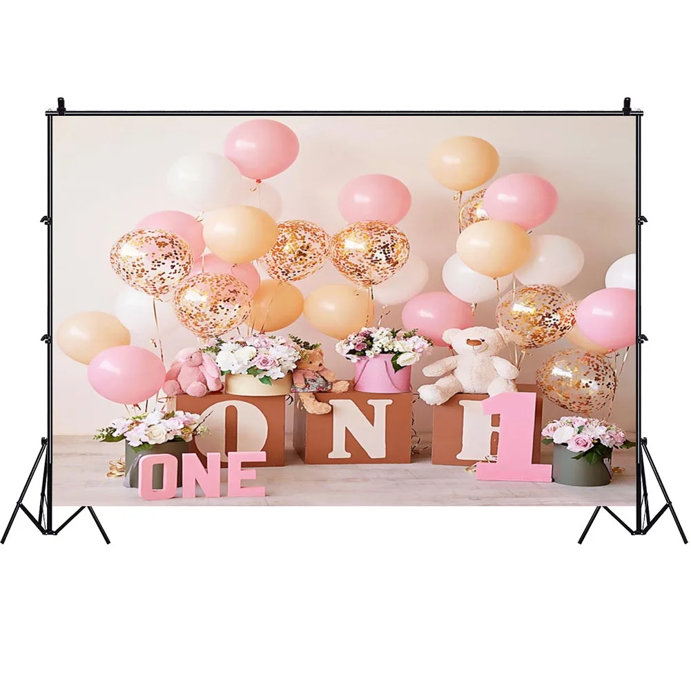 

Pink 1st Photo Backdrop Girls Newborn Baby Happy Birthday Party Balloon Decoration Princess Photography Backgrounds Banner