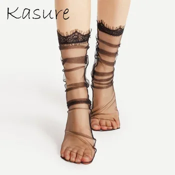 

KASURE Transparent High Socks With Funny Crown Pattern Lace Fringe For Women Ladies Cool Thin Mesh Ankle Socks Sprint Summer
