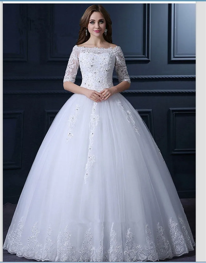 

2018 Princess Vintage Lace Half Sleeve Floor Length Brides bridal Gown Beaded Robe de Mariage mother of the bride dresses
