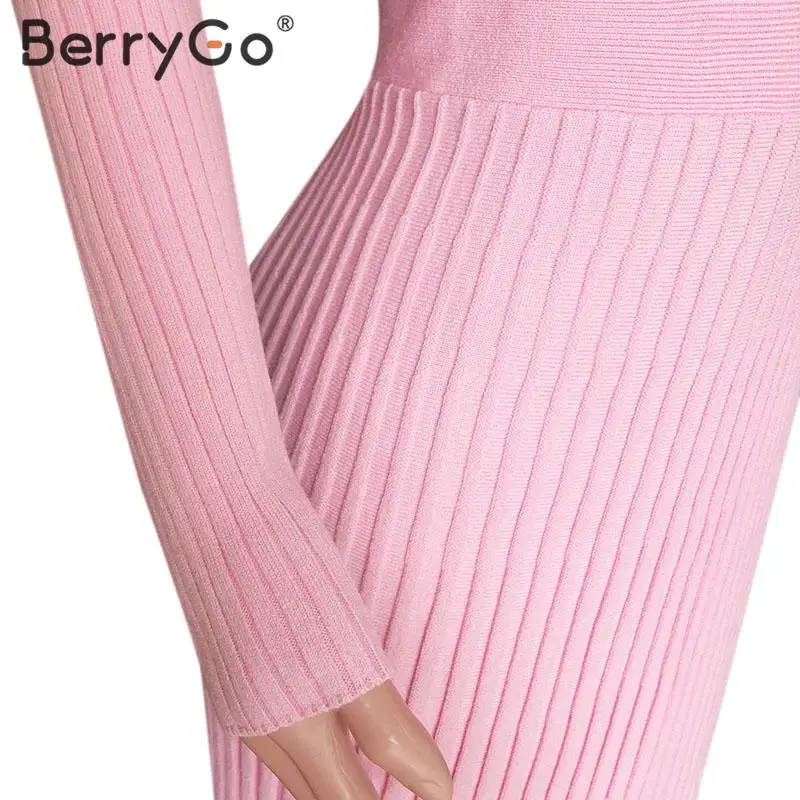 BerryGo элегантное Полосатое трикотажное платье женское однотонное с круглым вырезом и длинным рукавом женское цветное Плиссированное осенне-зимнее Сексуальное Платье облегающее платье