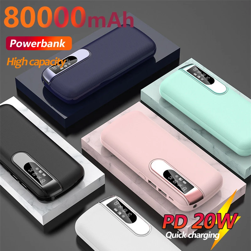 powerbank 30000 Portable 80000mAh Fast Charging Power Bank Charger with LED Display 2USB Flashlight External Battery for Xiaomi IPhone Samsung best power bank 20000mah