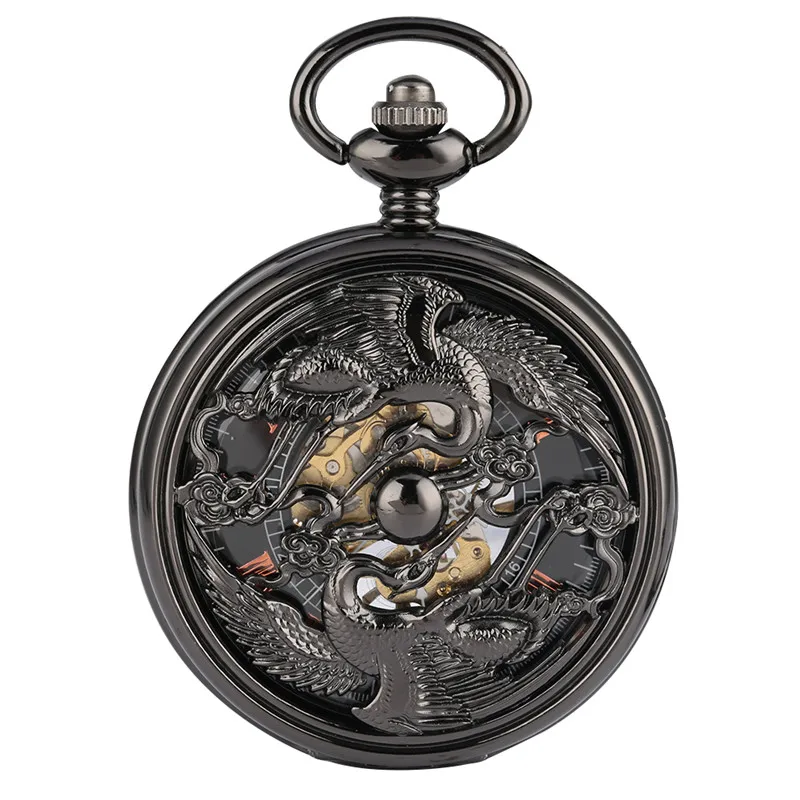 Retro Hollow Cranes Men Women Hand-winding Mechanical Pocket Watch Manual Skeleton Clock Roman Numbers Watches Pendant Chain