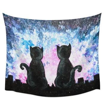 

Back View Of Cat Watching Fireworks On Roof Wall Tapestry Home Decoration Wall Hanging for Bedroom Living Room
