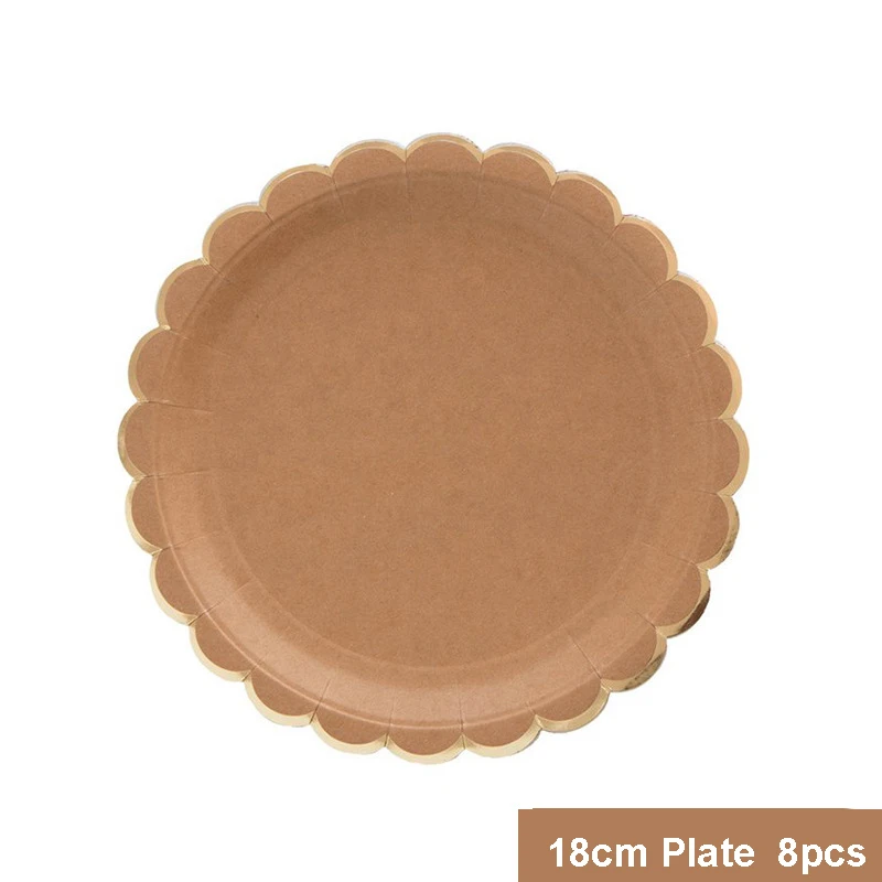 Одноразовые из крафт-бумаги набор бумажной посуды золотого цвета с рисунком пальмового листа тарелка бумажная чашка полотенце соломенные вечерние свадебные столовые приборы на день рождения - Цвет: 7inch plate 8pcs