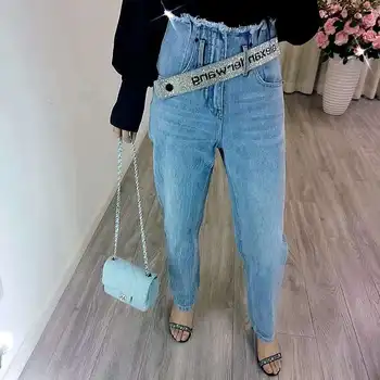 

2020 Spring Summer Women Irregular Rhinestone Letter Belt Decoration Raw Edge Jeans Female Pants A2